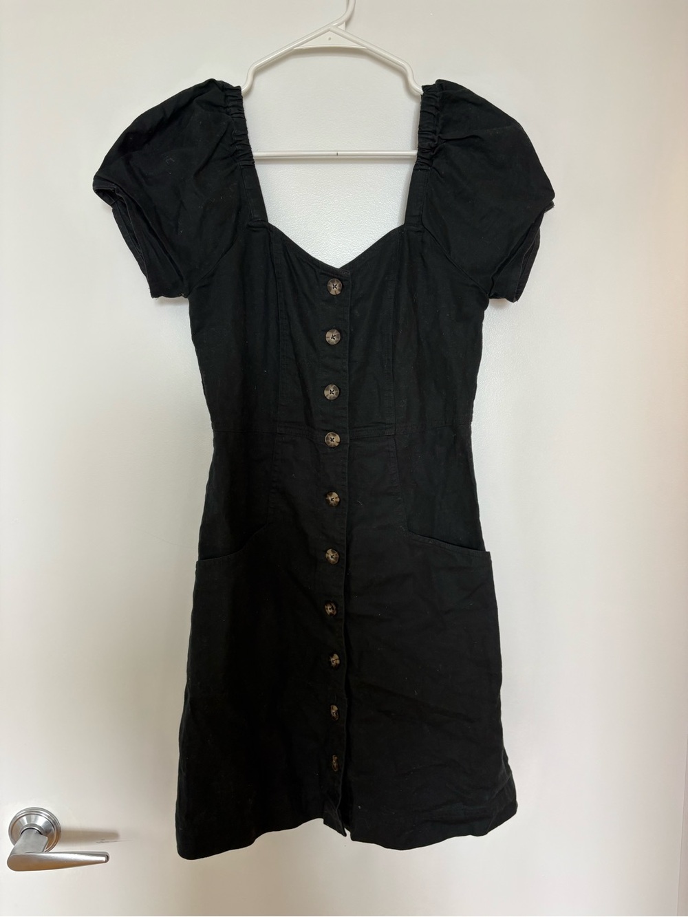 Madewell Black Puff-Sleeve Button-Front Mini Dress